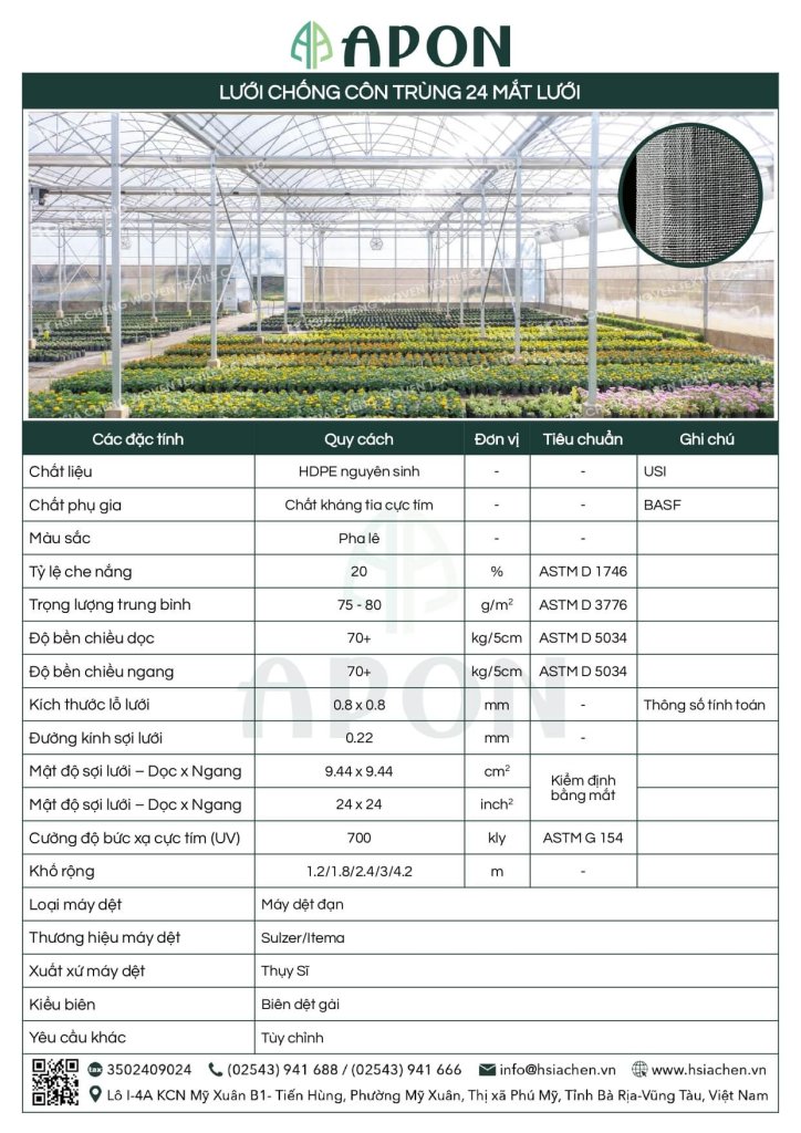 Bảng thông số Lưới chống côn trùng APON 24 mesh